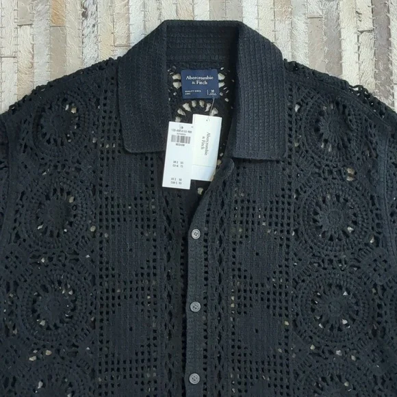 Abercrombie & Fitch Men's Size M Crotchet Button Down Short Sleeve Black Shirt - Picture 6 of 9